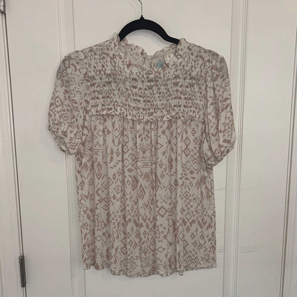 Cream Smocked Blouse with Peter Pan Collar